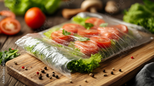 Transparent plastic stretch film for wrapping food and protection packaging. Vector realistic clear cellophane elastic foil material for rectangle and round containers