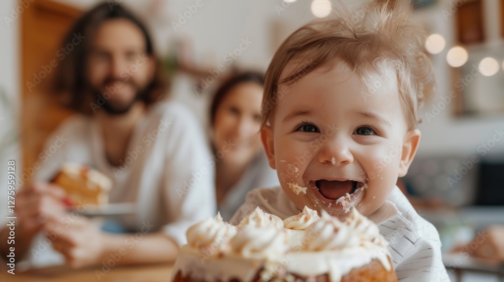 The image shows a young family enjoying a celebration with cake. The image shows a young family enjoying a celebration with cake.