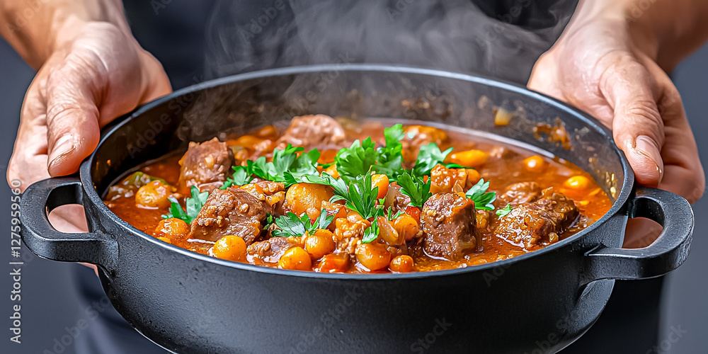 Chef Presenting A Steaming Pot Of Hearty Stew Filled With Tender Meat And Vibrant Vegetables Chef Presenting A Steaming Pot Of Hearty Stew Filled With Tender Meat And Vibrant Vegetables