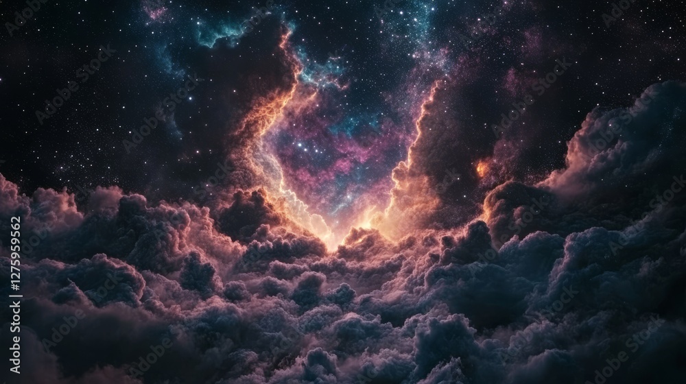 Fototapeta premium Stunning celestial view capturing a vibrant explosion of color among swirling cosmic clouds in the nighttime sky