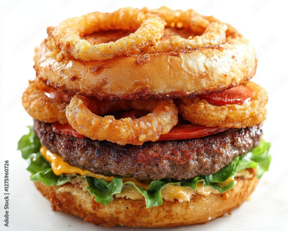 A delicious burger stacked high with onion rings, lettuce, tomato, and cheese.