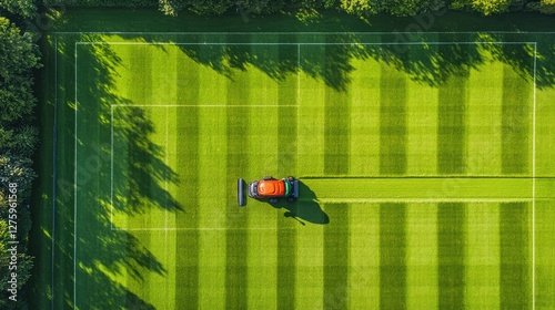 Straight down aerial drone photo of a man cutting the grass of a British rugby pitch in the summer time showing the mower going down the sports field