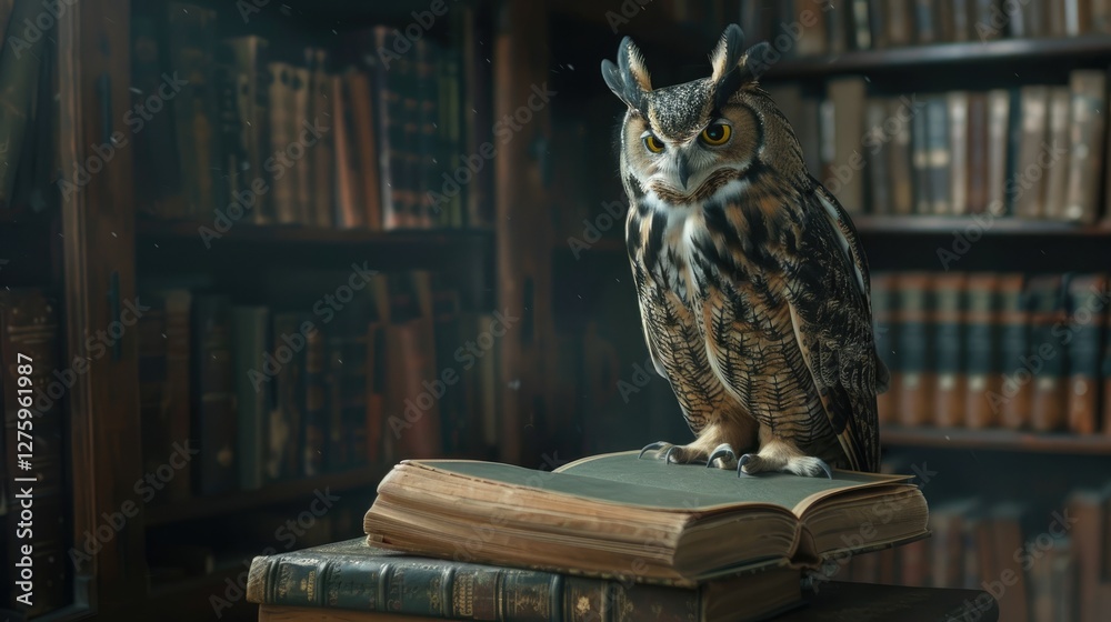 custom made wallpaper toronto digitalAn owl sits on a stack of books in the library. A magical atmosphere. A symbol of wisdom.