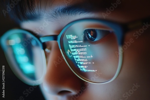 A close-up shot of a person wearing glasses