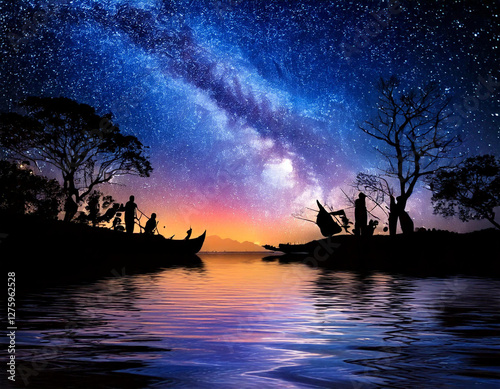 Dark silhouettes against starry sky