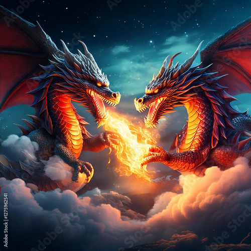 Dragons fighting over clouds
