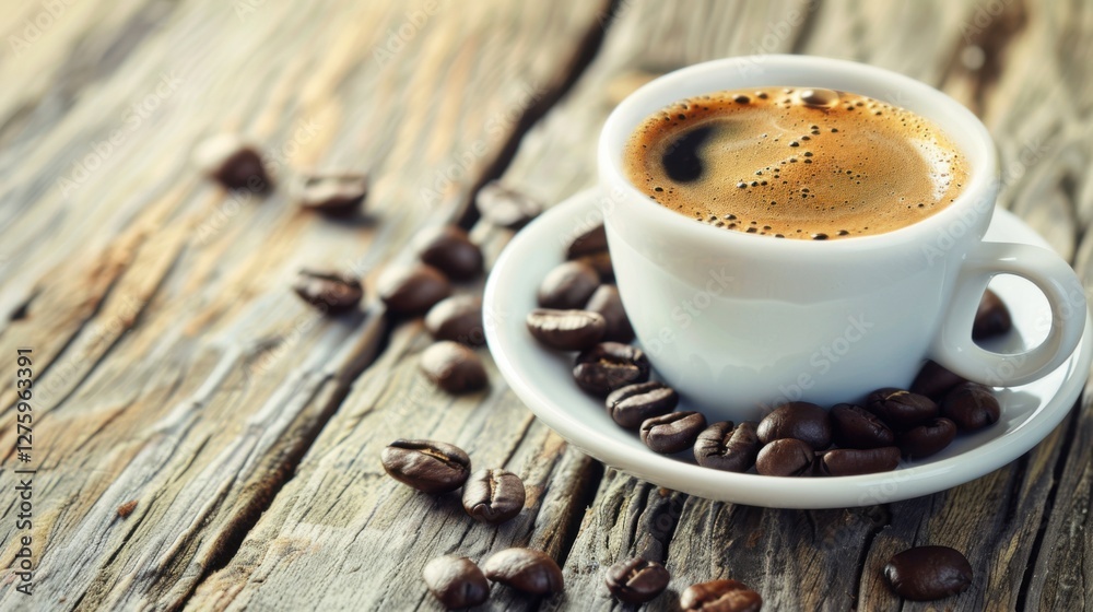 A Sip of Nostalgia: Espresso Cup and Beans on a Vintage Table A Sip of Nostalgia: Espresso Cup and Beans on a Vintage Table