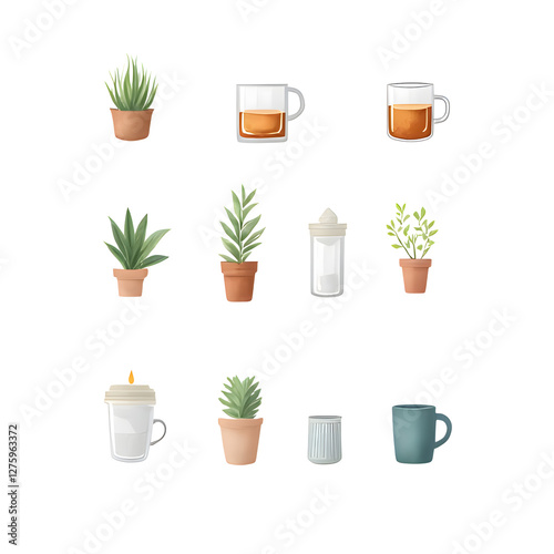 Cozy Home Decor Elements Plants Tea and Cups Watercolor Style Illustration