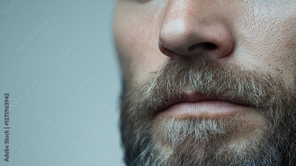 Close-up man's face, beard, mustache, neutral background, profile portrait Close-up man's face, beard, mustache, neutral background, profile portrait
