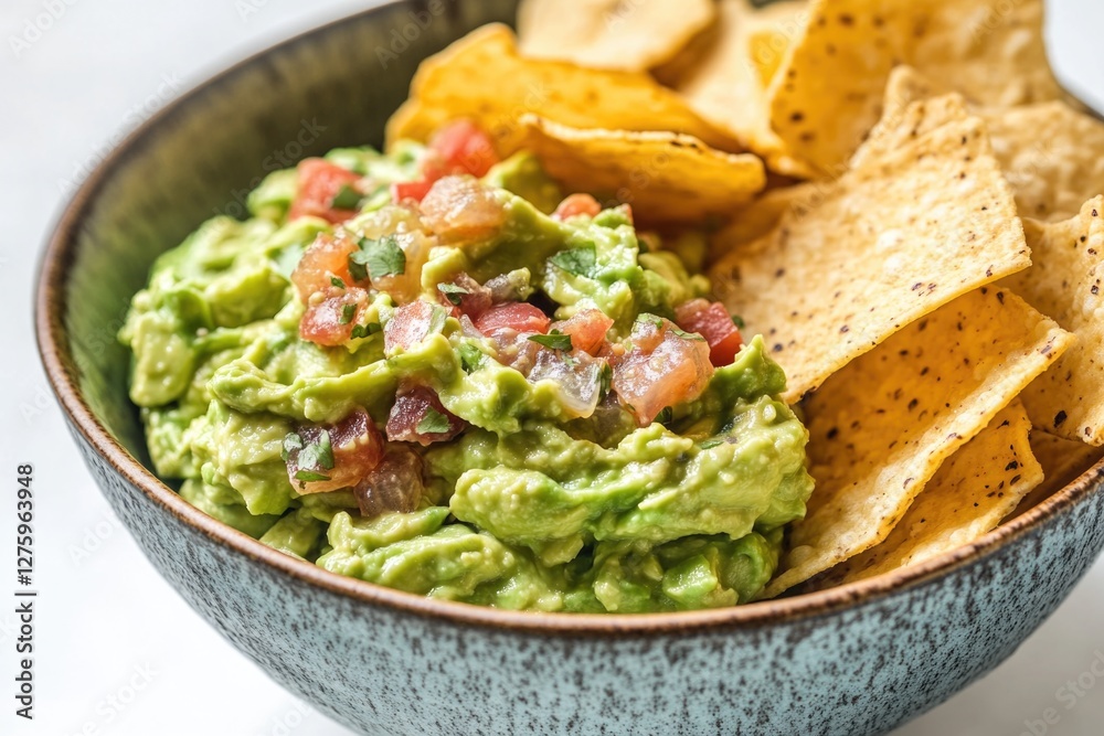 A delicious snack of guacamole and potato chips on a table, perfect for a movie night or social gathering A delicious snack of guacamole and potato chips on a table, perfect for a movie night or social gathering