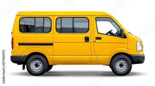 Side view of a yellow school bus parked against a white background for educational transport and child safety