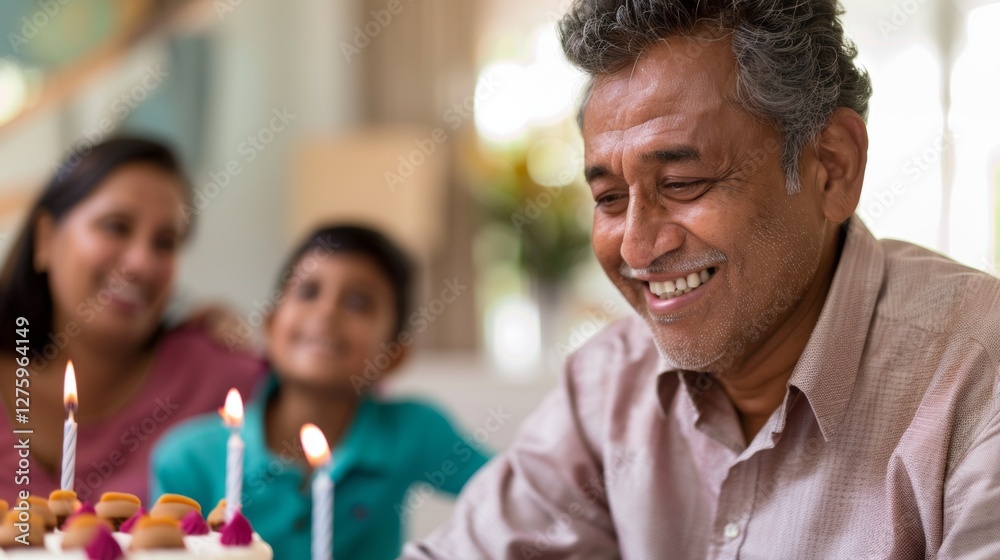 A smiling man with his family at a birthday celebration, holding a candlelit cake with two children beside him, seated in front of a lit window. A smiling man with his family at a birthday celebration, holding a candlelit cake with two children beside him, seated in front of a lit window.