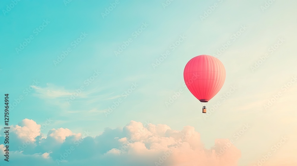 Fototapeta premium A lone floating balloon drifting in a sky filled with soft clouds, symbolizing freedom.