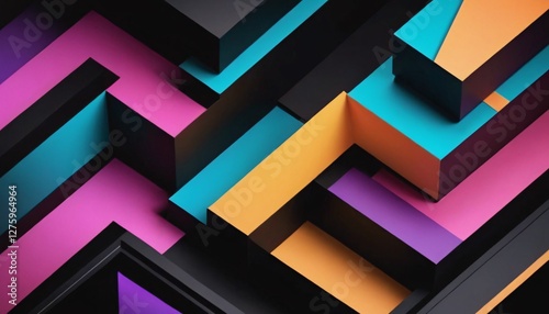 A close-up abstract composition of interconnected, three-dimensional geometric shapes in pink, orange, teal, and purple against a dark background, creating a bold, modern design