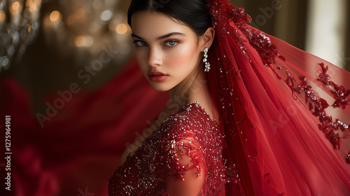 Vibrant Red Bridal Gown in Opulent Ballroom