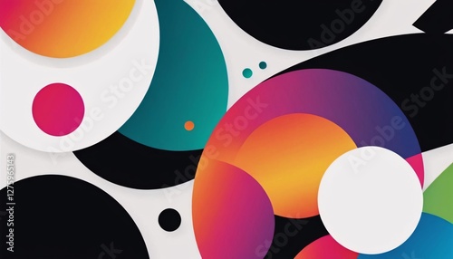 A vibrant close-up of overlapping circles in white, black, and gradient hues of pink, orange, yellow, purple, and teal, creates a dynamic and abstract composition with a modern, textured feel