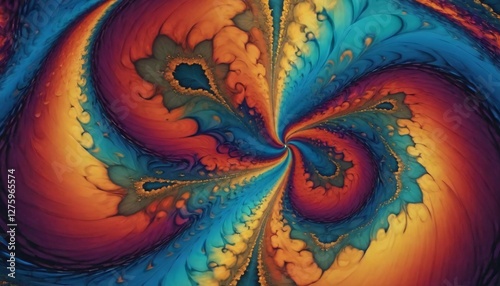 A close-up abstract composition of a swirling, nearly symmetrical spiral in varied palette of warm and cool tones, showcasing intricate, almost fractal-like texture and deep color saturation