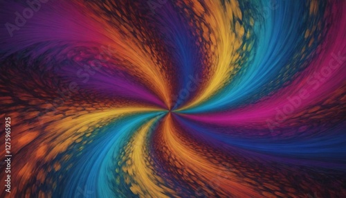 A vibrant abstract composition showcasing a central starburst design in a full rainbow spectrum, with colorful strokes radiating outwards to create a symmetrical and dynamic effect