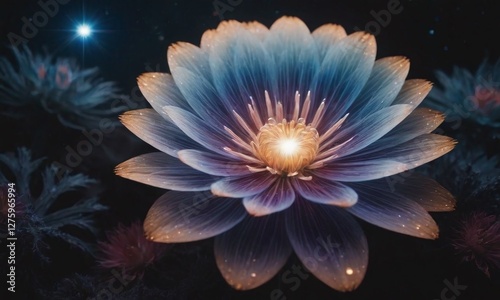 A luminous blue and purple flower with warm orange-yellow edges and a glowing orange core radiates against a dark starry sky with ghostly floral elements, creating an ethereal and mystical composition