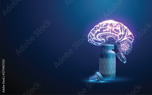 Abstract purple human brains with bottle and medical pills. Brain health and cognitive support, neuroprotection concept.