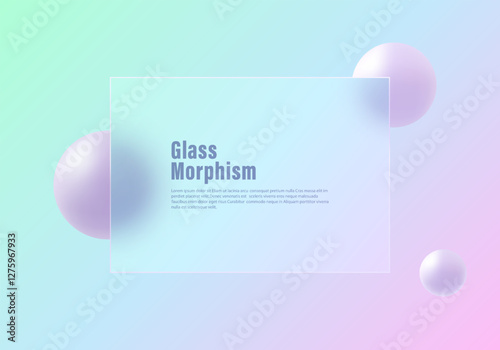Abstract minimalistic background for presentation slide in glass morphism style. 3d landing page template transparent partition with spheres.