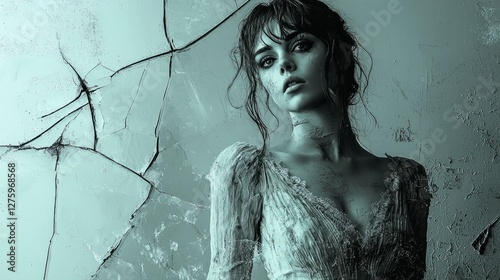 A ghostly apparition of a woman in an old, tattered Victorian dress standing by a cracked mirror, with eyes that seem to pierce through the reflection photo