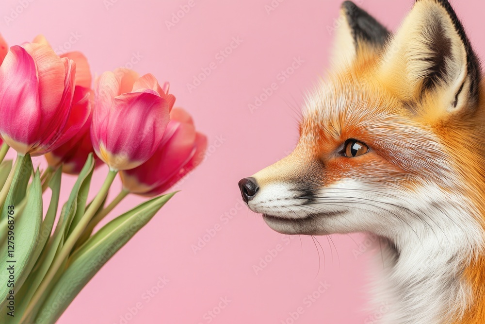 Fototapeta premium A close-up shot of a fox surrounded by a bouquet of flowers