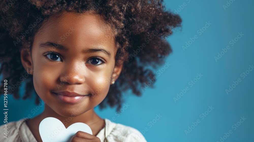 A young girl holding a heart-shaped object against her face, with a blue background. A young girl holding a heart-shaped object against her face, with a blue background.