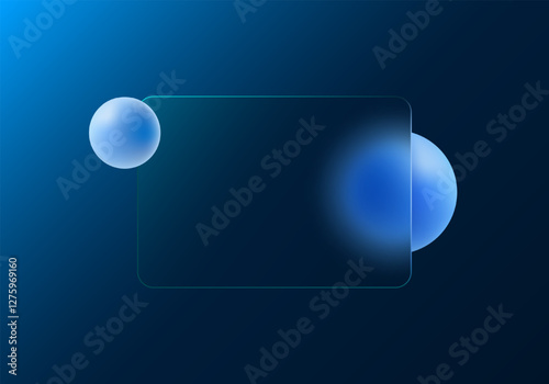 Glass morphism display background. Composition of matte transparent plate with spheres.