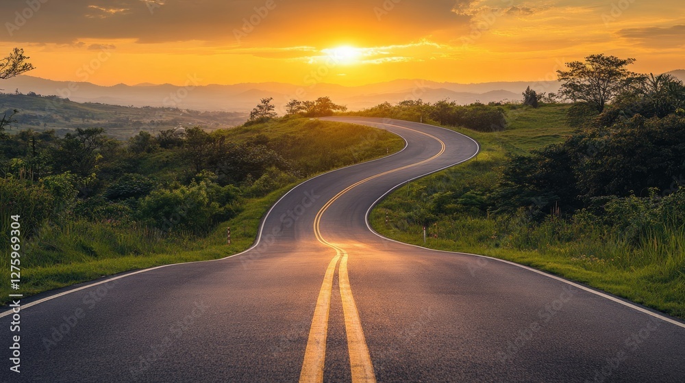 Naklejka premium A winding road leading towards a golden sunrise, symbolizing strategic success and long-term planning.