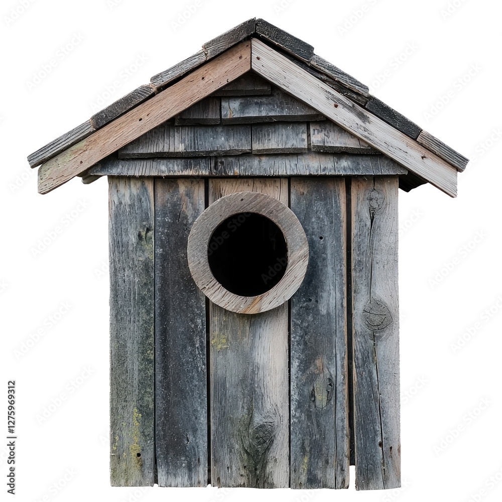 Rustic wooden birdhouse with circular entrance hole isolated on png transparent background, cut out Rustic wooden birdhouse with circular entrance hole isolated on png transparent background, cut out