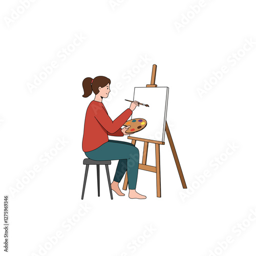 Woman Painting on Canvas with Easel and Palette in Studio