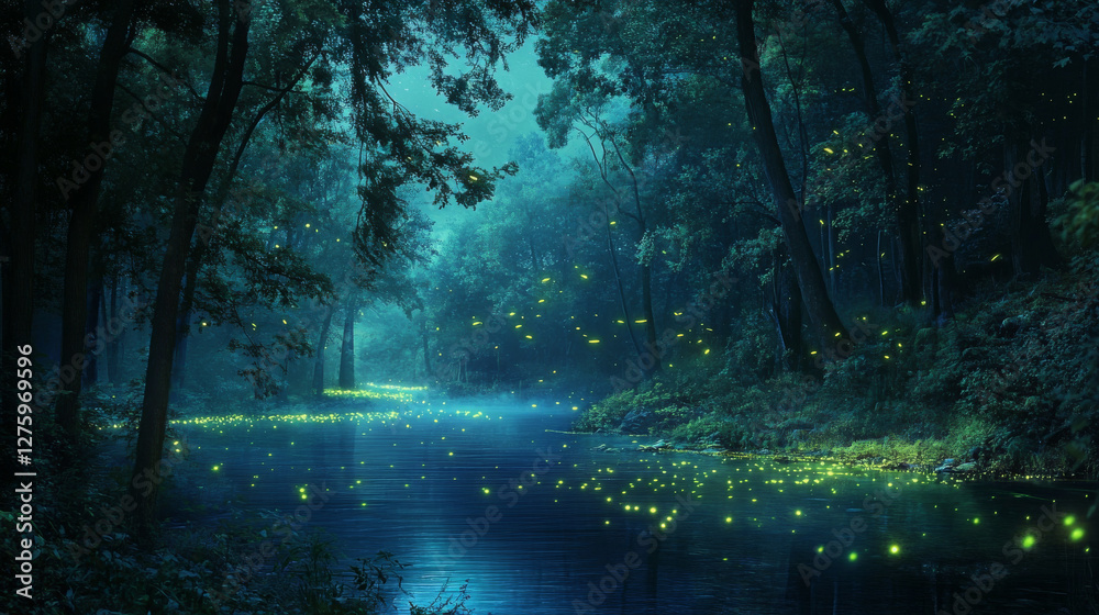 Fototapeta premium Dark night forest landscape with fantasy lake and firefly cartoon illustration. Magic game woods scene. Mystery park environment with green glowworm light. Blue misty wonderland at midnight panorama