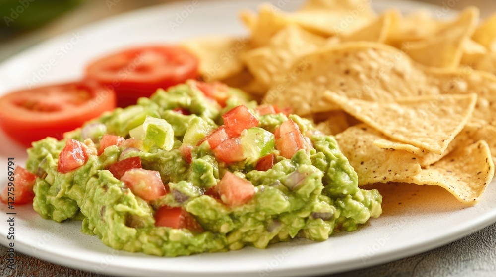 Fresh guacamole served with crispy tortilla chips on a white plate, perfect for snacking or as part of a meal Fresh guacamole served with crispy tortilla chips on a white plate, perfect for snacking or as part of a meal