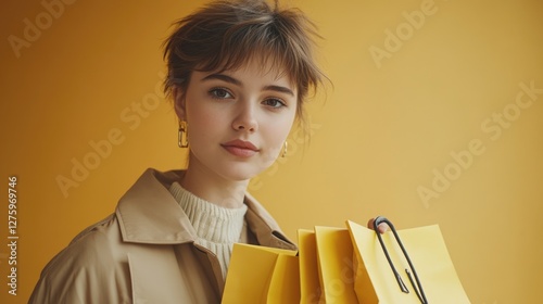A woman carrying a bunch of yellow shopping bags, likely from a retail outing