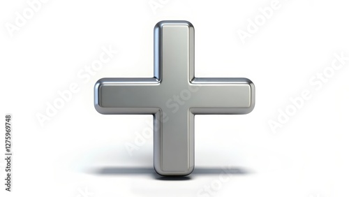 3D Render of Plus Sign, Metal, Gray, White Background