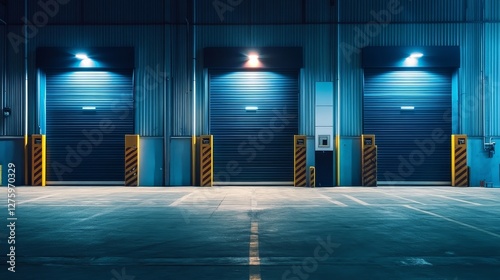 Industrial warehouse interior with three loading bays illuminated by blue and orange light