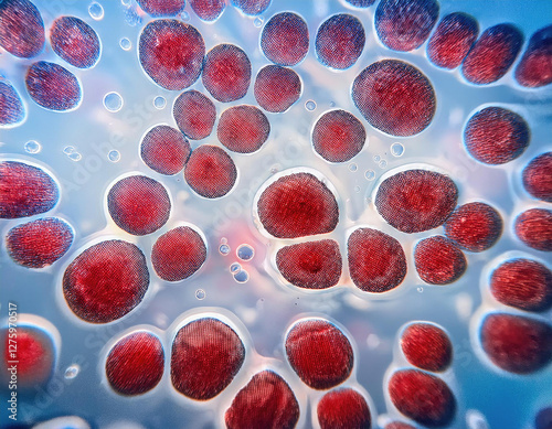 Blood Cells Under a Microscope – Red and white blood cells flowing in a microscopic view.