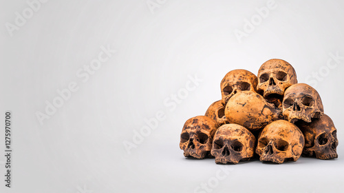 Piled skulls create striking visual, evoking themes of mortality and chaos. This captures essence of human existence and inevitability of death