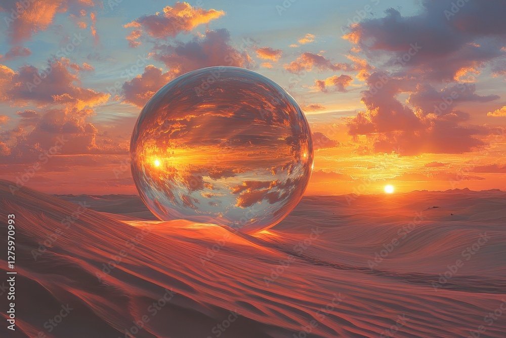 Surreal Glass Sphere Reflecting Vibrant Sunset in Desert Landscape with Dramatic Clouds and Sand Dunes Surreal Glass Sphere Reflecting Vibrant Sunset in Desert Landscape with Dramatic Clouds and Sand Dunes