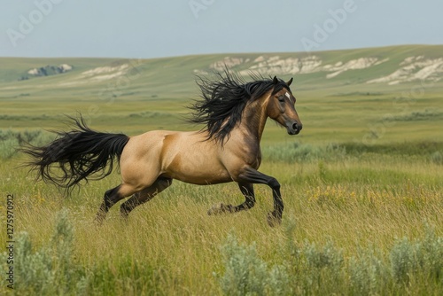 Buckskin Horse. Majestic Rearing Horse with Long Mane in Wild Prairie Summer Scene
