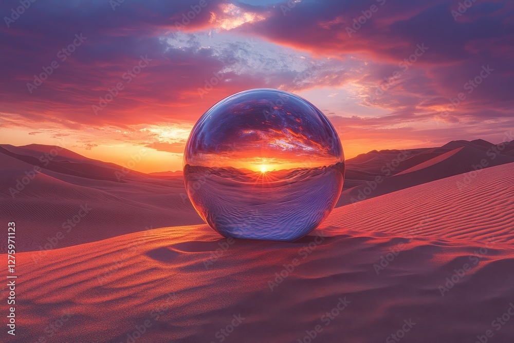 Stunning Sunset Reflection in Glass Sphere on Desert Sand Dunes with Vibrant Sky and Clouds Stunning Sunset Reflection in Glass Sphere on Desert Sand Dunes with Vibrant Sky and Clouds