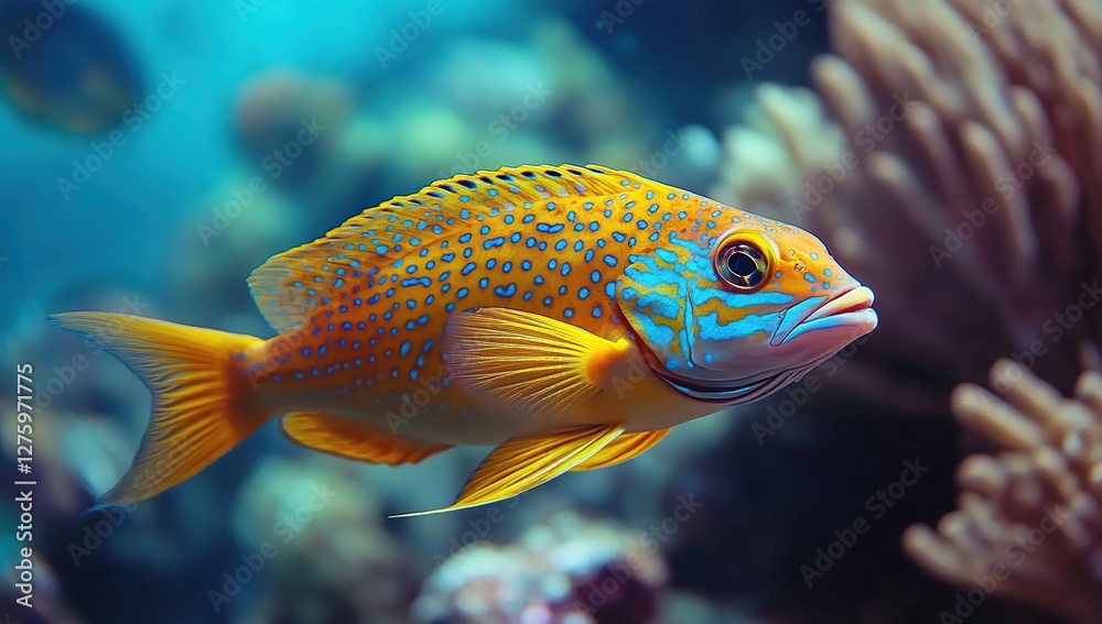 Vibrant Yellow Fish with Blue Spots Swims Gracefully in Coral Reef, Ocean Life Underwater Beauty Vibrant Yellow Fish with Blue Spots Swims Gracefully in Coral Reef, Ocean Life Underwater Beauty
