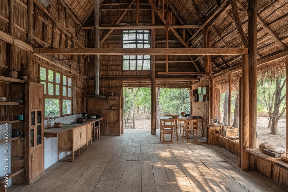 Rustic Wooden House Interior with Open Design Kitchen and Dining area In Natural Light Rustic Wooden House Interior with Open Design Kitchen and Dining area In Natural Light