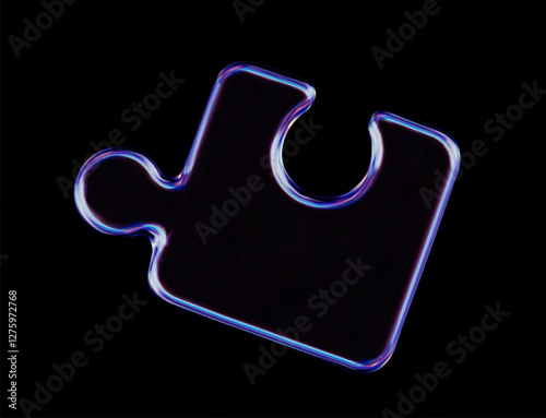 3d crystal glass jigsaw puzzle piece. Glossy iridescent geometric shape. 3d vector illustration on dark background