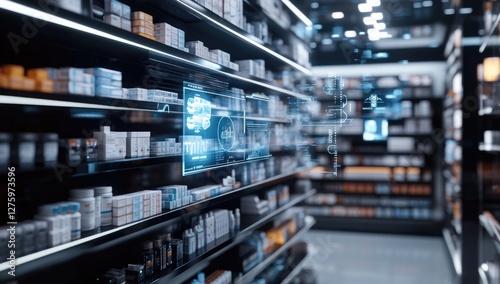Wallpaper Mural Pharmacy shelves with digital interface, futuristic store Torontodigital.ca
