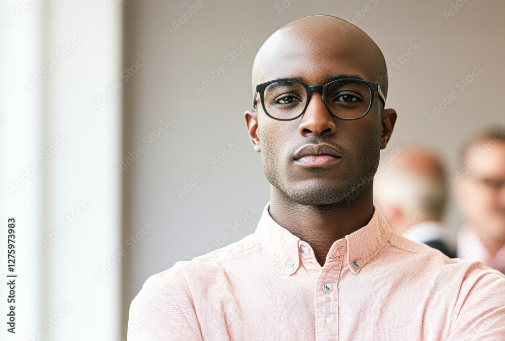 Obraz premium Confident man in glasses with a serious expression, dressed in a button-up shirt, set against a blurred background.