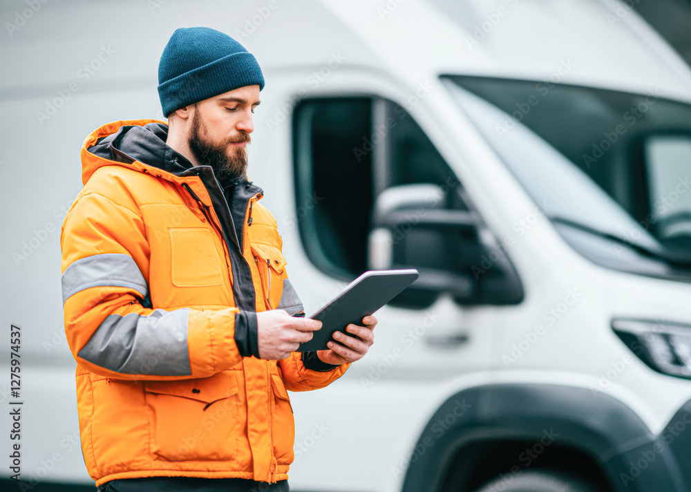 Man in an orange jacket checks a tablet outside a delivery van. Man in an orange jacket checks a tablet outside a delivery van.