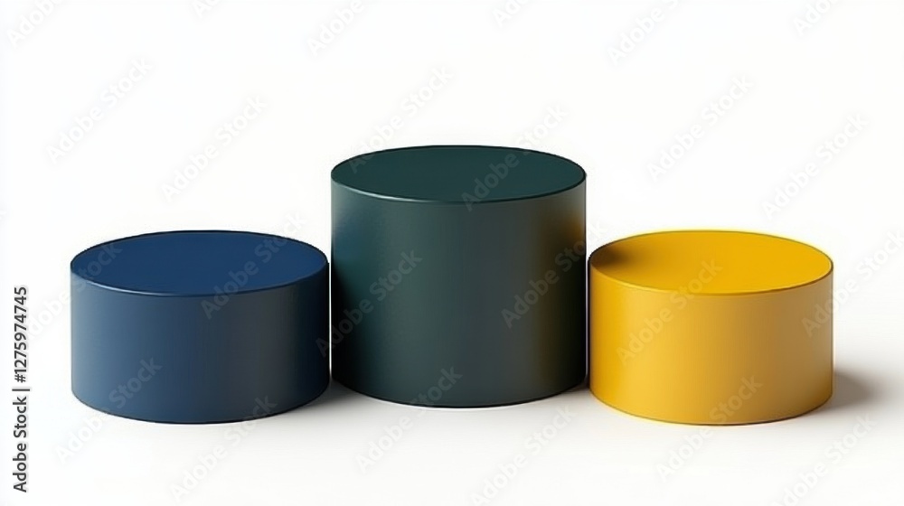 Arrangement of Three Cylindrical Podiums in Blue Green and Yellow Against White Backdrop Arrangement of Three Cylindrical Podiums in Blue Green and Yellow Against White Backdrop