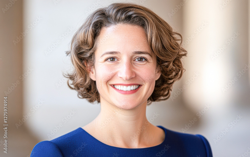 Smiling woman with curly hair wearing a blue dress poses for a professional portrait. Smiling woman with curly hair wearing a blue dress poses for a professional portrait.
